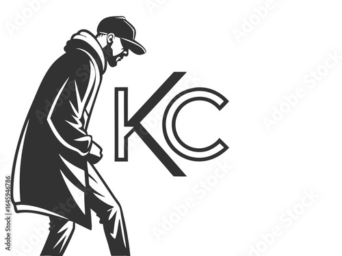 Profile of a man in a baseball cap, featuring the initials "KC" and decorative foliage.