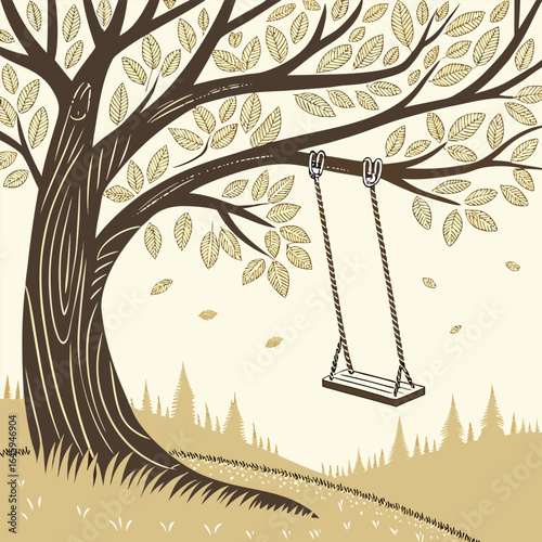 Illustration of a large tree with a swing hanging from a branch in a serene landscape setting outdoors