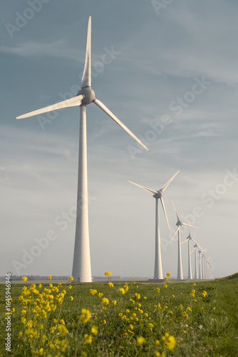 Wind turbines in Flevoland, Netherlands during spring with yellow flowers and green grass under blue sky