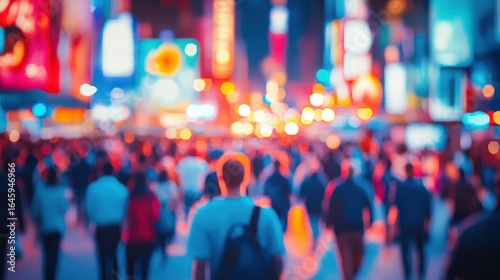 A vibrant, blurred scene of a crowd walking through a city at night, illuminated by lights.
