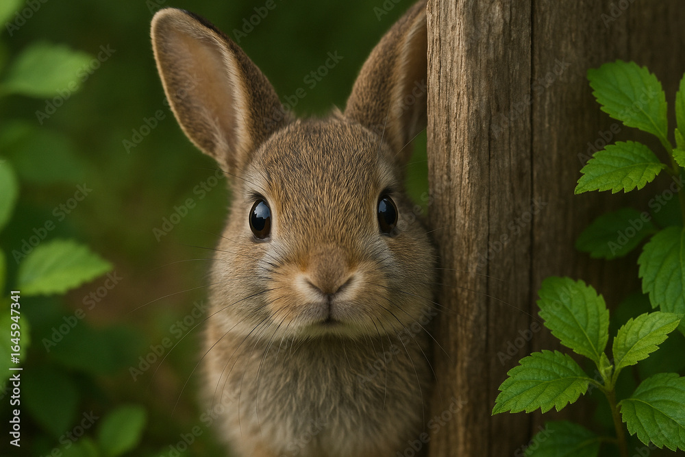 Fototapeta premium Curious young rabbit peeking from behind a wooden post