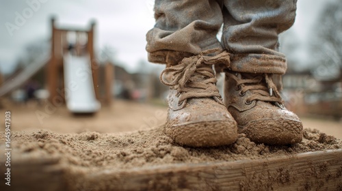 Muddy childrens boots on playground
