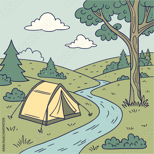 Illustration of a campsite with a tent near a winding stream, trees, bushes, and clouds in the sky