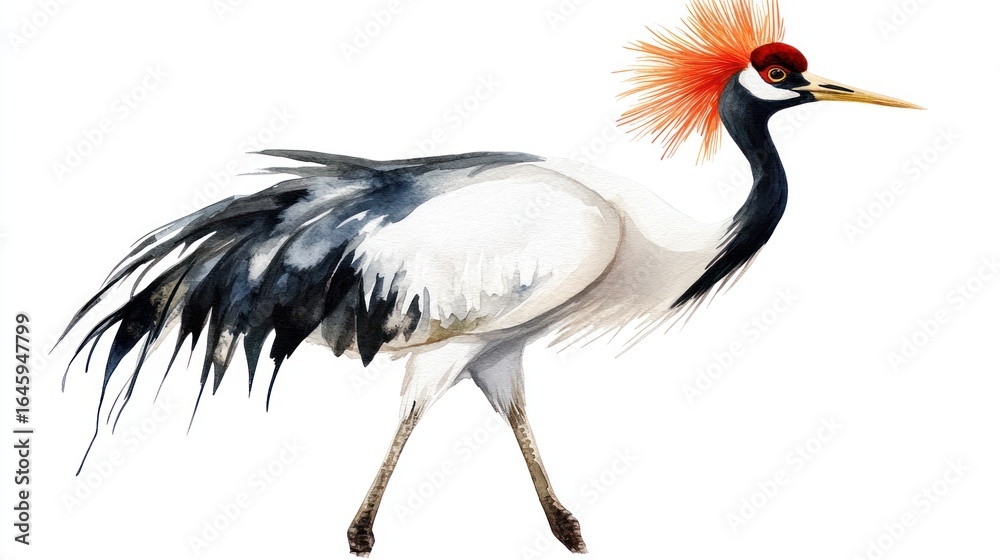 Fototapeta premium A graceful crane with a striking red and orange crest, depicted in a watercolor style.