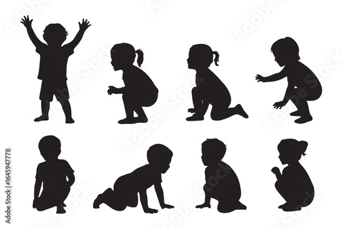 Silhouette of children playing isolated on white background, depicting various poses and activities such as standing, sitting, crawling, and raising arms, showcasing childhood innocence and joy