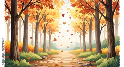 A scenic autumn forest path with falling leaves and trees in warm colors, a nature illustration