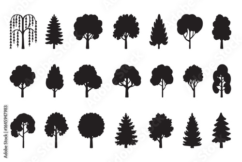 Collection of diverse tree silhouettes isolated on white background, showcasing various shapes and sizes, perfect for naturethemed designs and artistic representations of arboreal forms