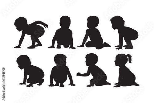 Collection of baby silhouettes isolated on white background, capturing various poses and activities, perfect for designs related to childhood, family, and early development