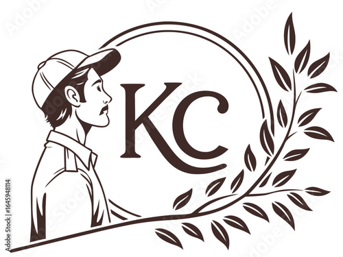 Profile of a man in a baseball cap, featuring the initials "KC" and decorative foliage.