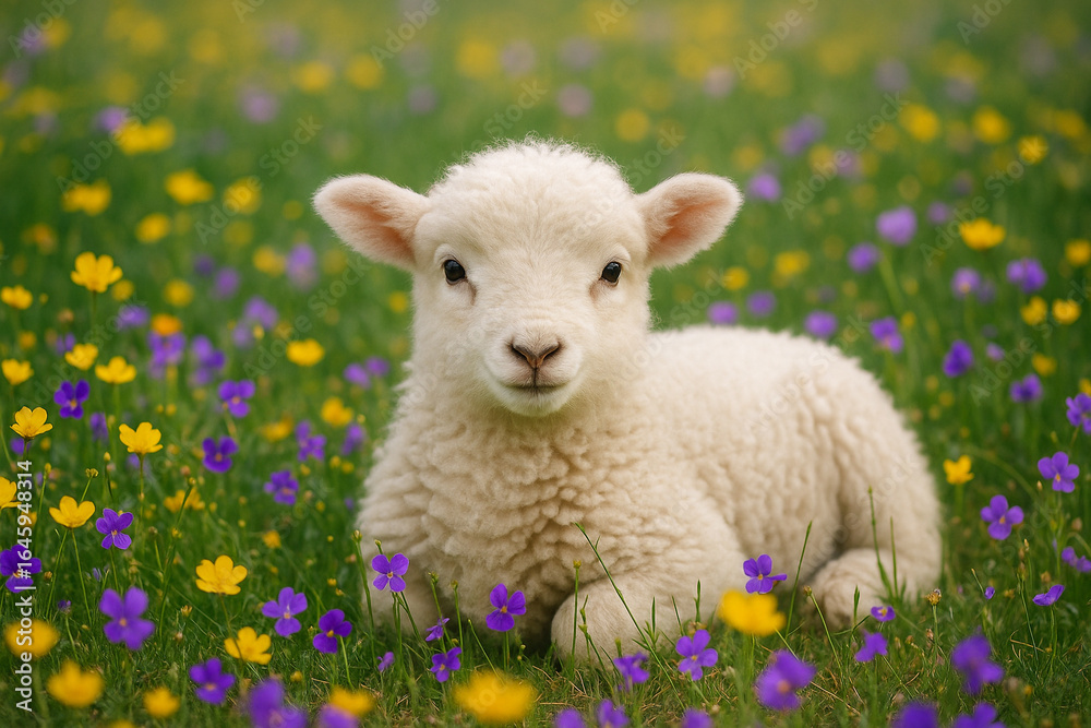 Obraz premium Adorable fluffy lamb rests peacefully in a vibrant wildflower meadow