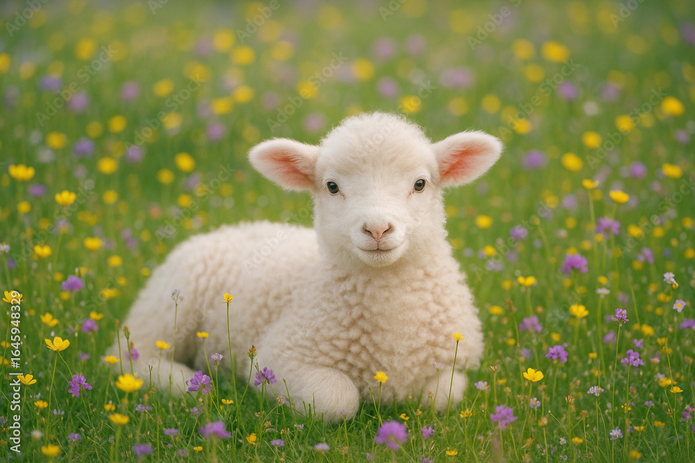 Obraz premium Adorable baby lamb rests in a field of wildflowers