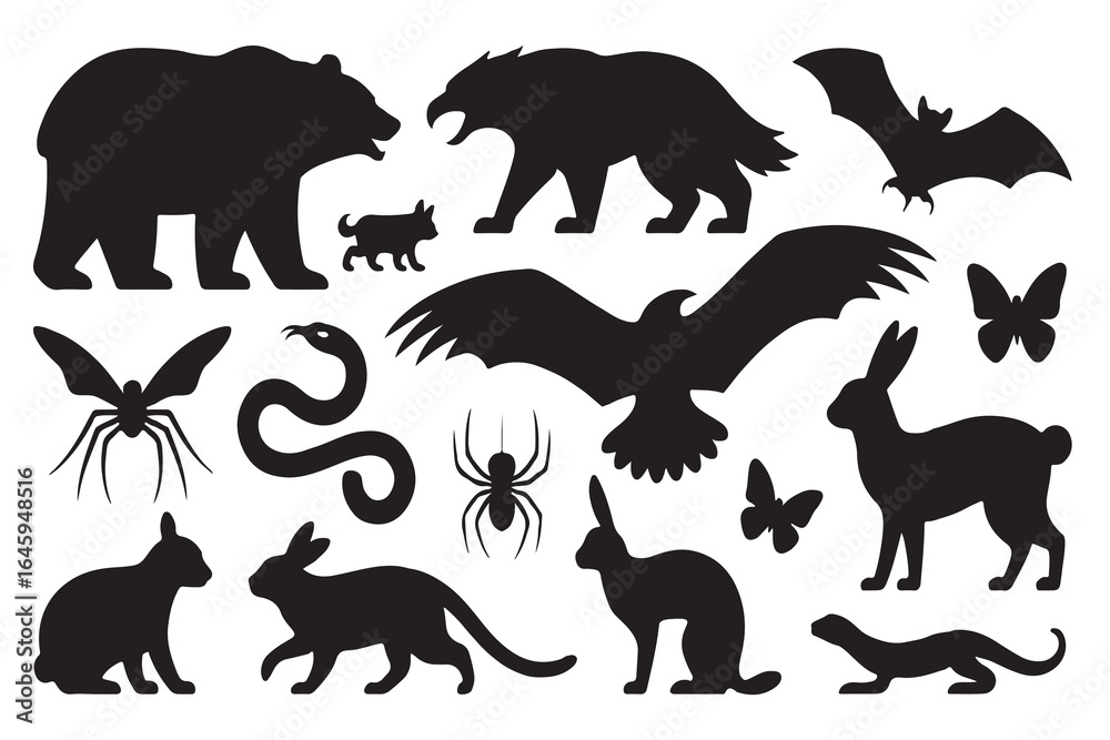 Obraz premium Silhouette of various animals including bear, eagle, bat, butterfly, rabbit, snake, spider, lizard, rodent, insect, bird, reptile, arachnid, hare, serpent, and other creatures