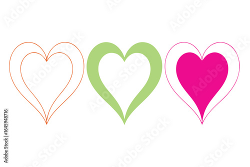 Three hearts in different colors isolated on white background an orange outline heart, a green heart, and a pink heart, symbolizing love and affection in a simple design