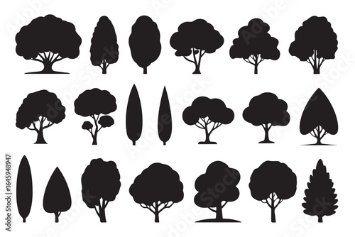 Diverse tree silhouettes isolated on white background, showcasing various shapes and sizes of trees in a simple black and white design, perfect for landscape illustrations