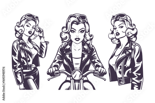 Vintage Pin-Up Biker Girl Illustration Set. Retro Woman in Leather Jacket with Motorcycle, Vector Art for Tattoo or T-Shirt Design