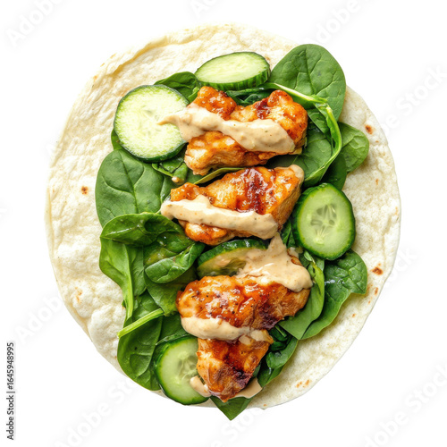 Grilled Chicken Wrap with Spinach and Cucumbers, Drizzled with Sauce, Fresh Ingredients in a Soft Tortilla on transparent background