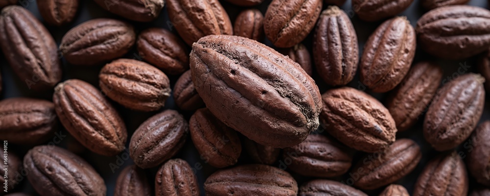 Obraz premium Dark brown cacao shells, cocoa bean husks create rich, earthy textured pattern. Natural, organic backdrop evokes themes of farming, chocolate, agriculture, sustainable food ingredients. Rich aroma,
