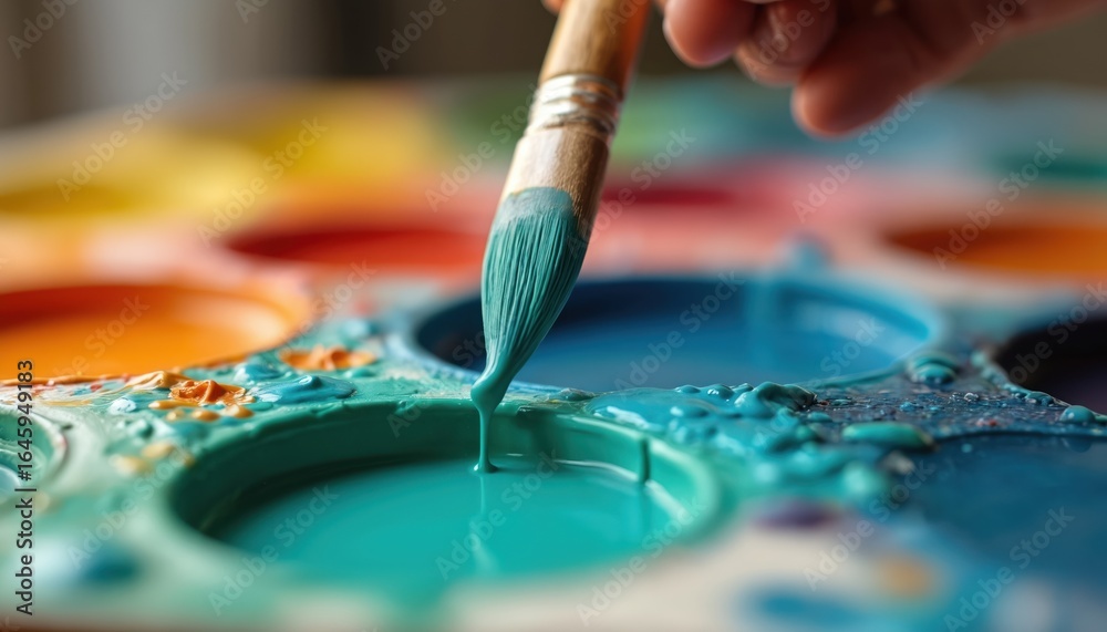 Fototapeta premium Close-up of paintbrush dipping into vibrant paint palette creativity. Teal paint drips from brush onto palette. Colors include yellow, orange, red, green, blue. Image evokes inspiration, artistic
