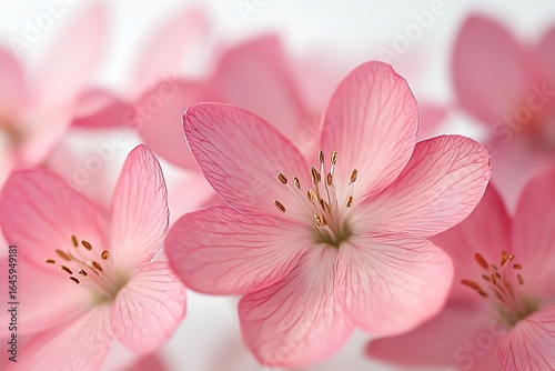 Closeup of Delicate Pink Blossom Flowers with Visible Veins and Yellow Stamens