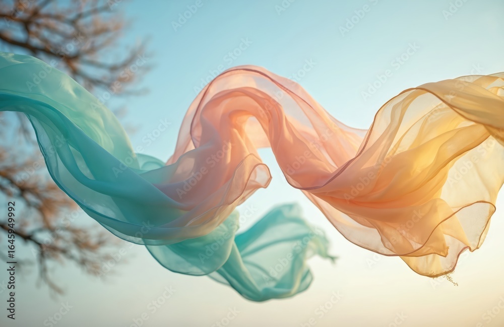 Fototapeta premium Colorful silk scarves in pastel shades of turquoise, peach, gently flowing in wind against clear sky. Delicate fabric with soft drape, suggesting light, airy, elegant spring summer fashion accessory.