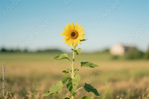 A vibrant single sunflower with a yellow bloom stands prominently in a spacious, sunlit field under a clear blue sky.