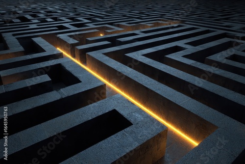 Illuminated Path Through Dark Concrete Maze: Perspective View of Complex Labyrinth with Glowing Line