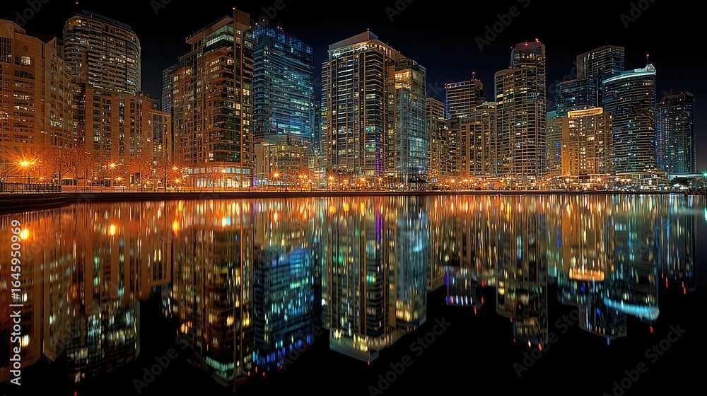Naklejka premium Skyline at night reflected on river, city scene, urban lights illuminate waterfront