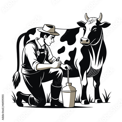 Farmer milking a black and white holstein cow