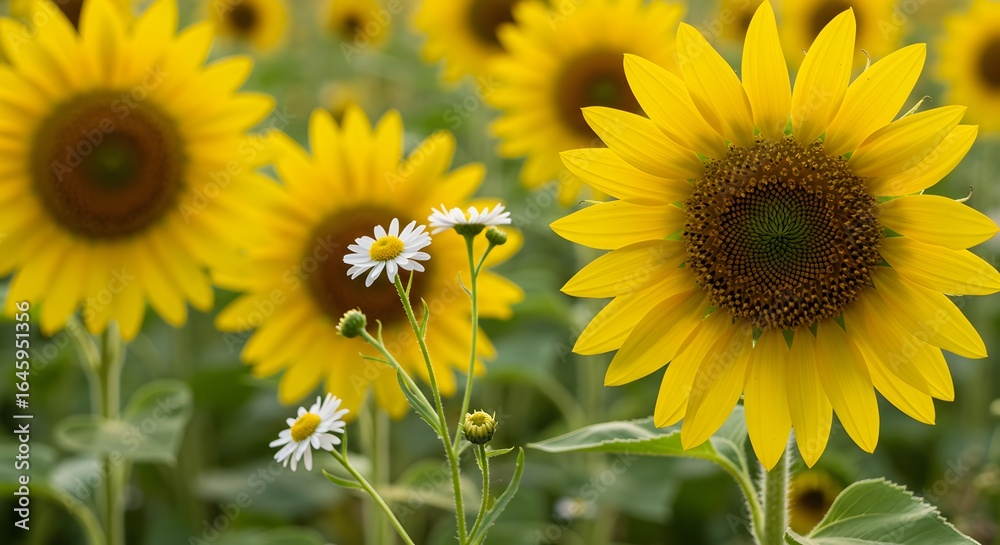 Fototapeta premium Sunflower field with daisies in the foreground under bright sunlight during the daytime in the summer season