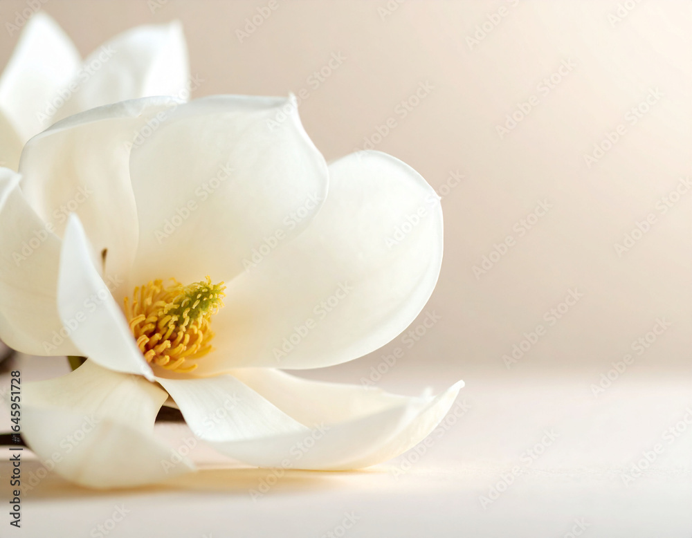 Obraz premium close-up photograph showcases the pristine white petals and vibrant yellow and green center of a blooming magnolia flower. Another slightly blurred magnolia blossom lies in the soft focus background, 