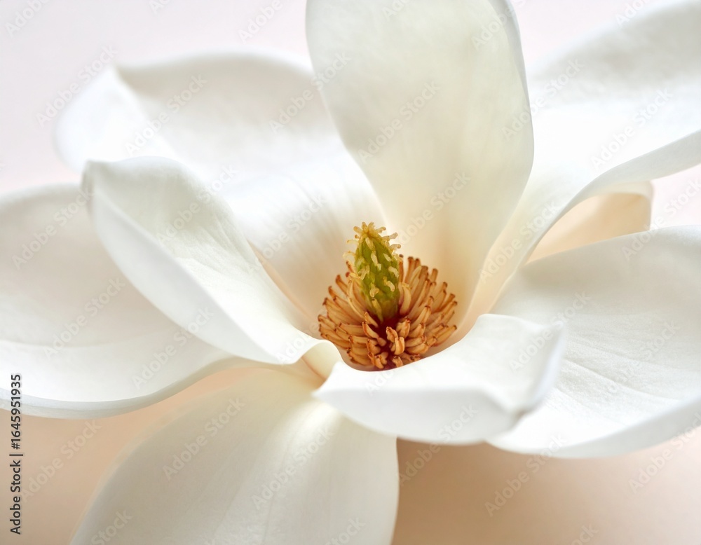 Obraz premium close-up photograph showcases the pristine white petals and vibrant yellow and green center of a blooming magnolia flower. Another slightly blurred magnolia blossom lies in the soft focus background, 