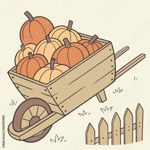 Cartoon illustration of a wheelbarrow filled with pumpkins next to a wooden fence in a field scene