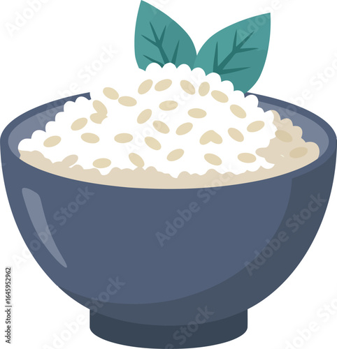 White rice bowl with green leaves
