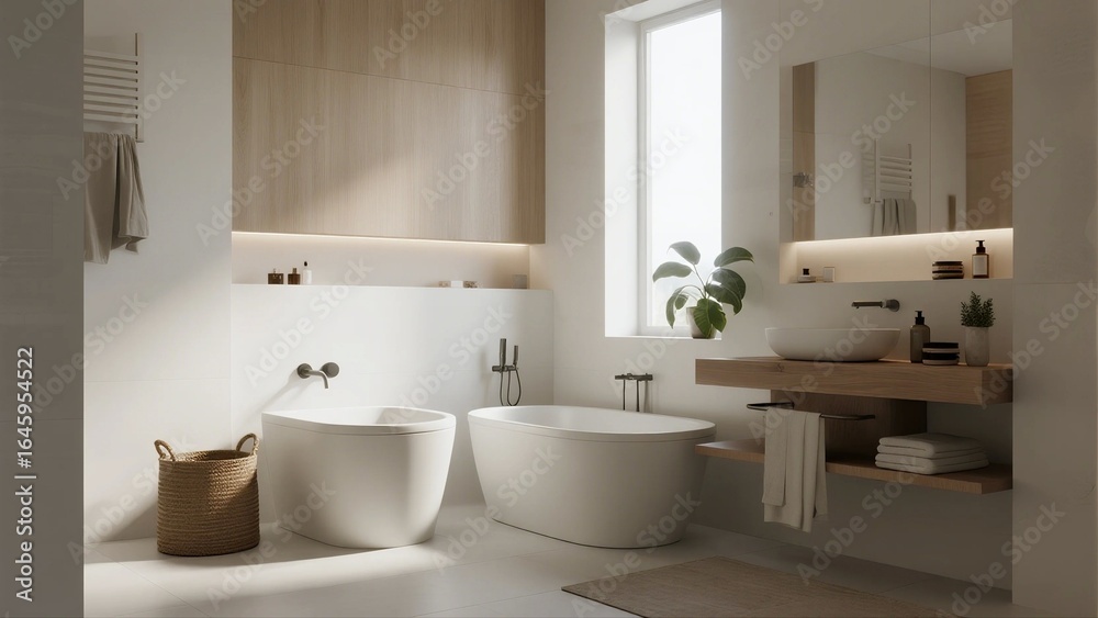 Fototapeta premium A modern minimalist bathroom features freestanding tubs, natural light, and clean lines with wooden cabinetry and marble surfaces.