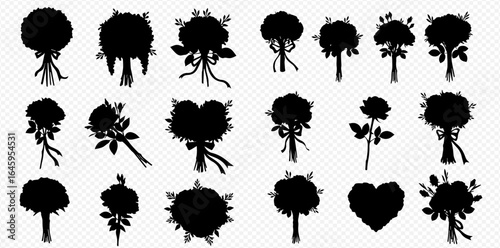 A set of black silhouettes showing various floral arrangements and wedding bouquets with ribbons.