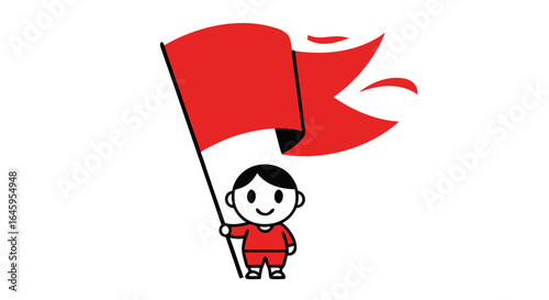 Joyful character proudly waves a vibrant red flag, symbolizing celebration, achievement, and forward momentum