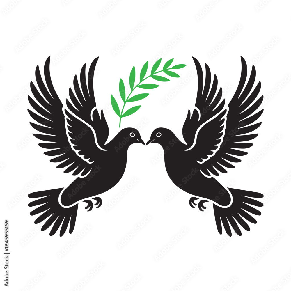 Obraz premium Two black doves flying towards each other with a green olive branch