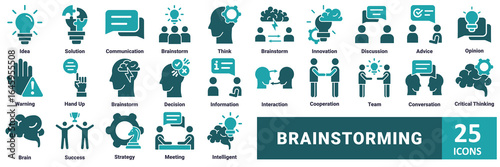 Brainstorming icon set. with icon idea, solution, communication, brainstorm, think, brainstorm, innovation, discussion, advice, opinion, warning, hand up, brainstorm, decision, information 