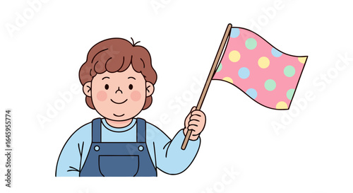 Joyful child waving colorful polka dot flag, celebrating fun and achievement with happy expression
