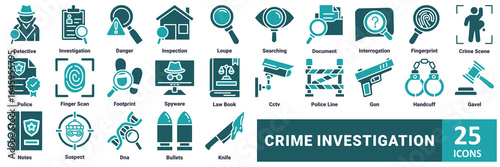 Criminal Investigation icon set. with icon detective, investigation, danger, inspection, loupe, searching, document, interrogation, fingerprint, crime scene, police, finger scan, footprint, spyware 