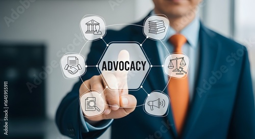 Businessman engages with digital interface showcasing advocacy concepts, legal justice, and research for business growth