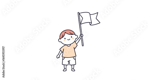 Joyful child proudly waves a flag symbolizing victory and achievement in a simple, clean style