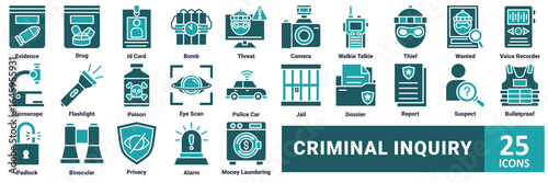 Criminal Inquiry icon set. with icon evidence, drug, id card, bomb, threat, camera, walkie talkie, thief, wanted, voice recorder, microscope, flashlight, poison, eye scan, police car, jail, dossier 