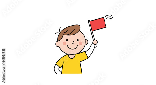 Joyful child waving a red flag signaling excitement and fun at an event or celebration