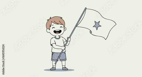 Joyful child proudly waves a star-emblazoned flag, celebrating achievement and hope with infectious enthusiasm.
