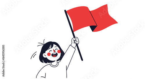Joyful individual proudly waves a vibrant red flag, celebrating a significant achievement or movement with enthusiasm