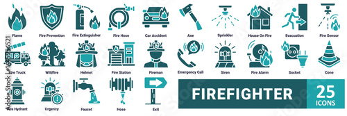 Firefighter icon set.with icon flame,prevention,extinguisher,hose, car accident, axe, sprinkler, house on fire, evacuation, fire sensor, fire truck, wildfire, helmet, fire station 