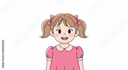 Joyful young girl with pigtails and a pink dress smiles brightly, radiating happiness and innocence