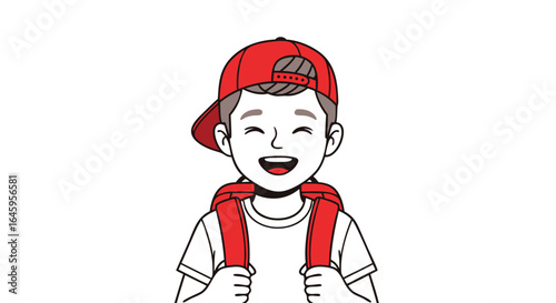 Joyful kid with backpack wearing red cap ready for adventure and learning