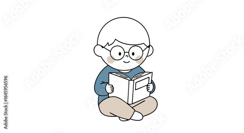 Joyful child with glasses engrossed in reading a captivating storybook, fostering imagination and learning.